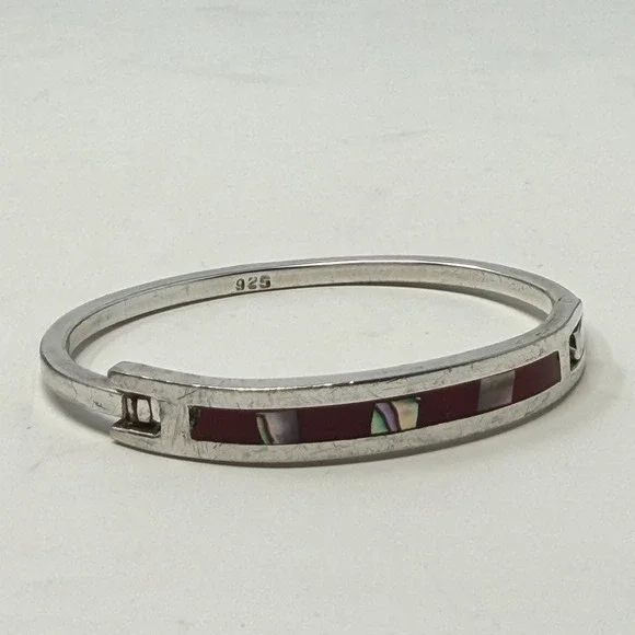 Vintage Mexico 925 Sterling Silver Abalone Red Shell Inlay Hinged Cuff Bracelet - Picture 3 of 16